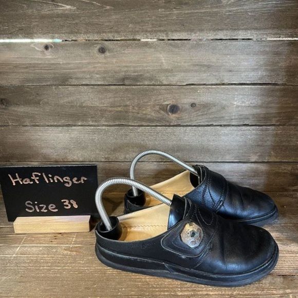 Womens Haflinger Black Leather Slip On Mules Clogs Shoes Size EUR 38‎ US 7 M GUC - Picture 1 of 6